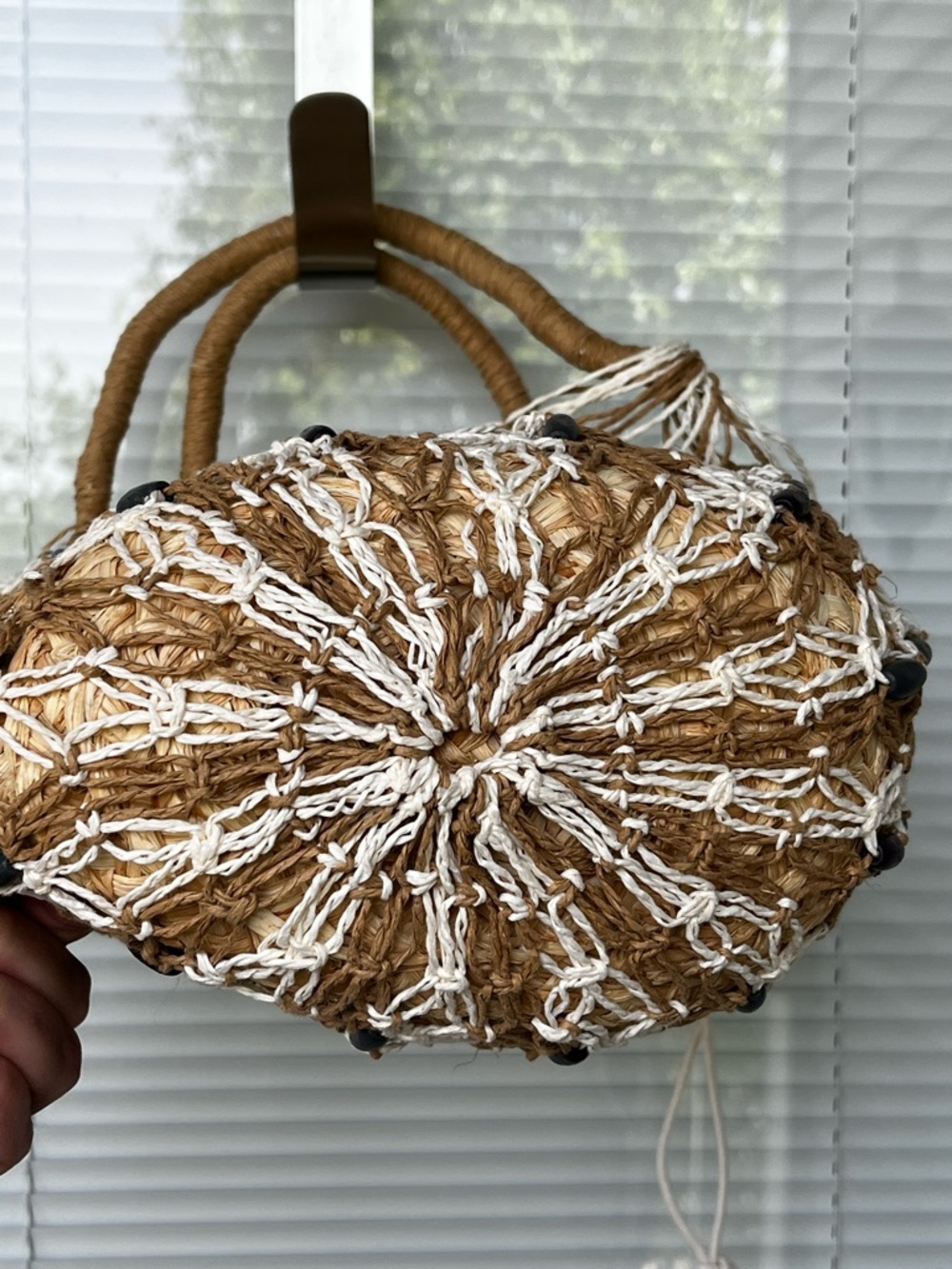 J. Crew Sedona Beaded Basket Bucket Bag Woven Straw Raffia Canvas Drawstring - Picture 3 of 16